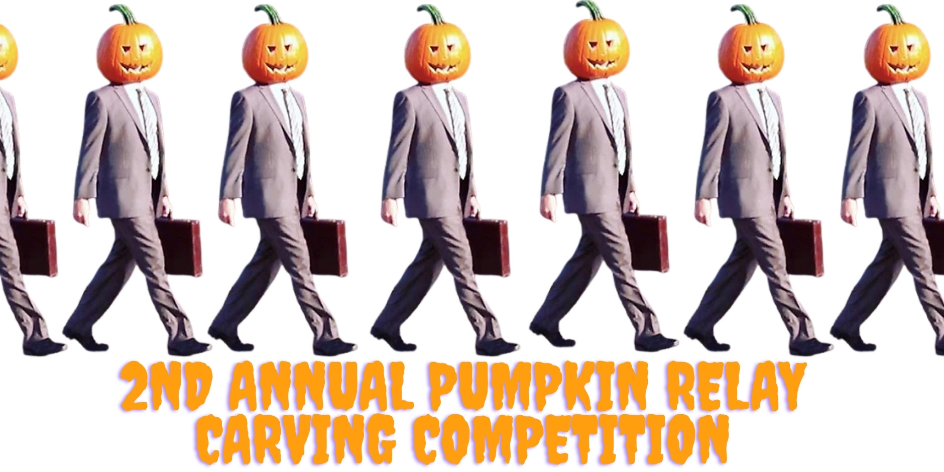 Row of businessmen with jack o&rsquo;lantern heads carrying briefcases, 2nd Annual Pumpkin Relay Carving Competition